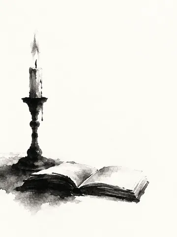 A candlestick and an open book in white, gray; portrait artwork.