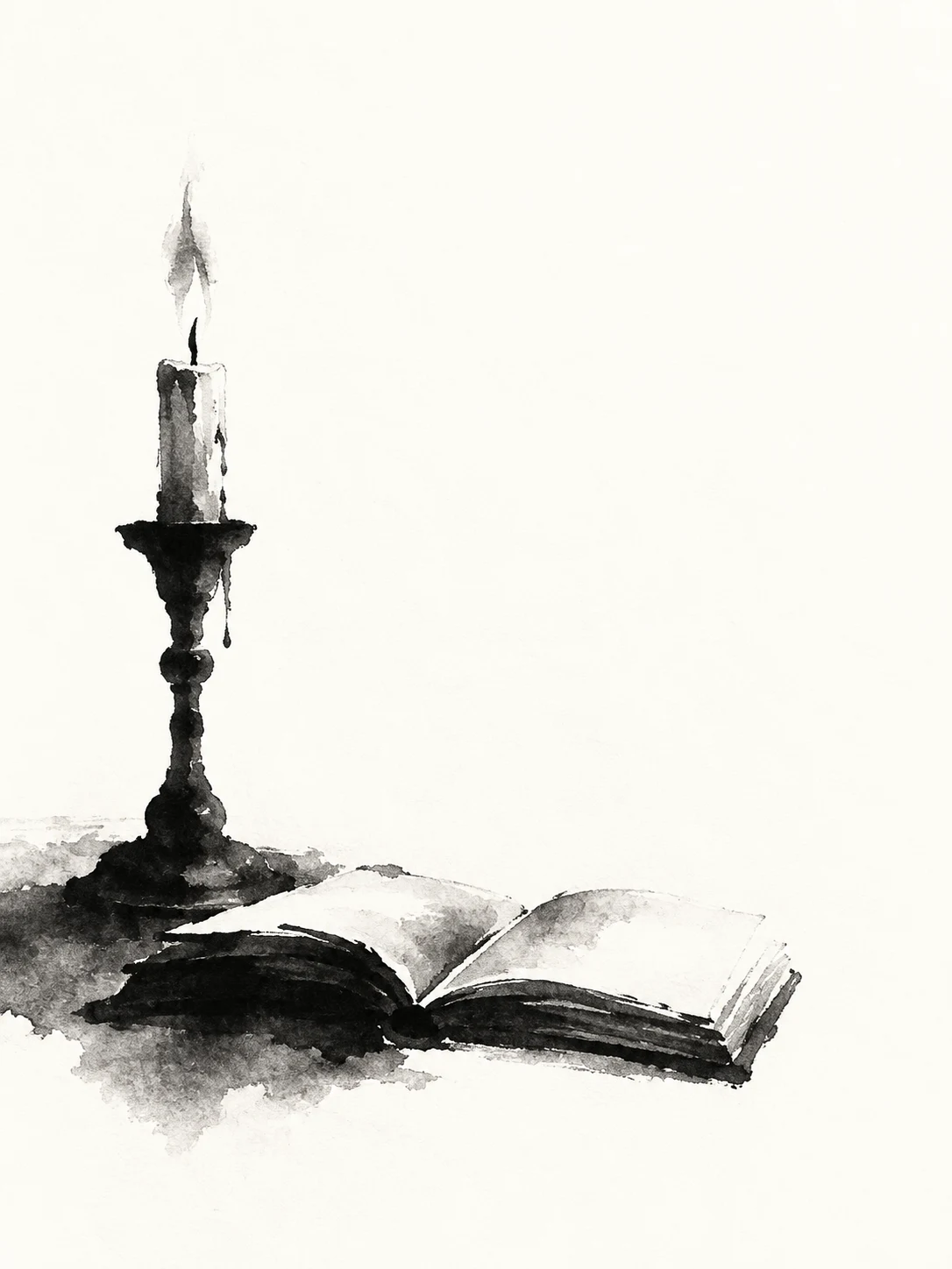 A candlestick and an open book in white, gray; portrait artwork.