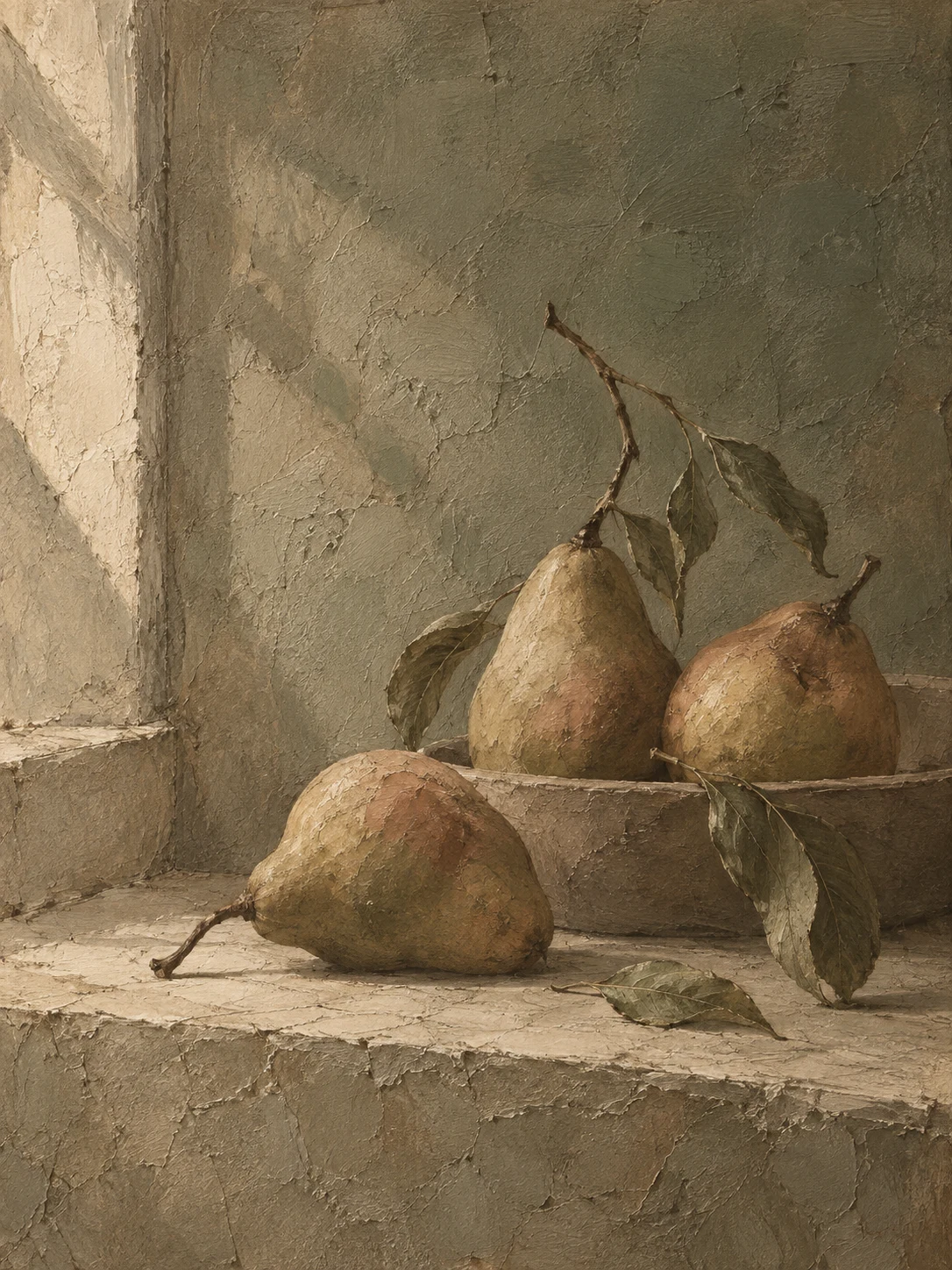 Three pears on a windowsill in olive, taupe, brown, sand; portrait artwork.