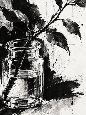 A branch in a glass jar in white, black, charcoal, gray; portrait artwork.