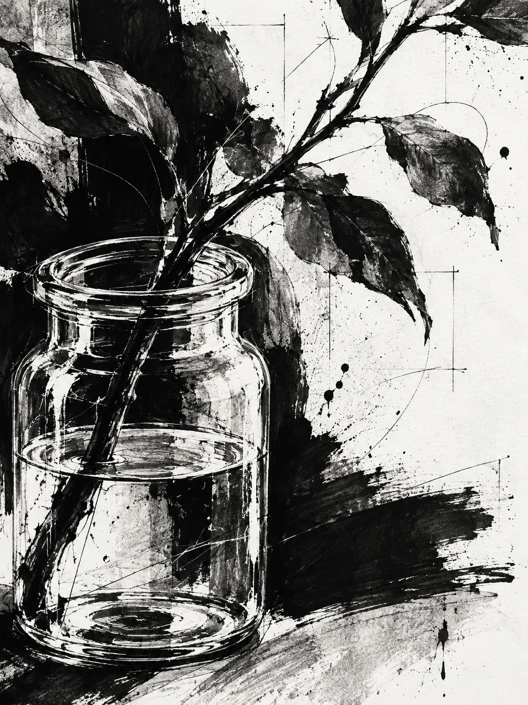 A branch in a glass jar in white, black, charcoal, gray; portrait artwork.