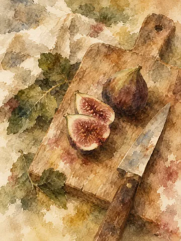 A cutting board with a knife and a fig in sand, ochre, olive, cream; portrait artwork.