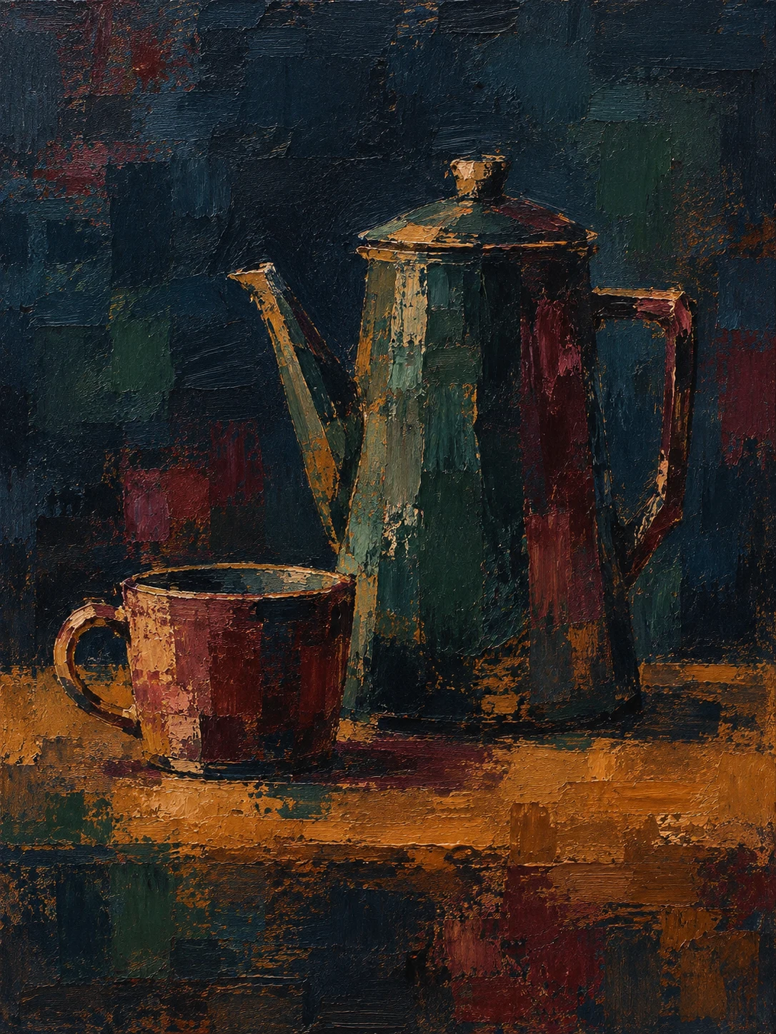 A coffee pot and a cup on a table in black, rust, charcoal; portrait artwork.