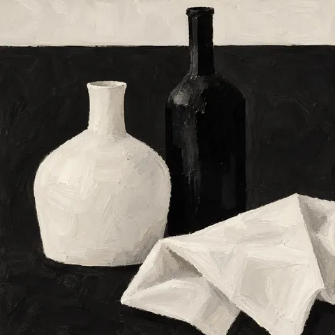 Two bottles and a folded cloth in black, cream, stone, gray; square artwork.