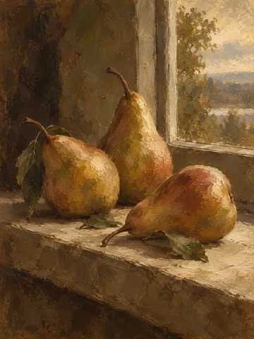 Three pears on a windowsill in brown, sand, ochre, black; portrait artwork.