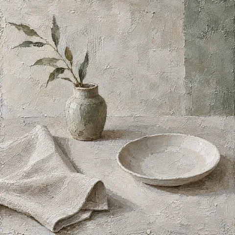 A folded linen napkin and a plate in stone, gray, cream, olive; square artwork.
