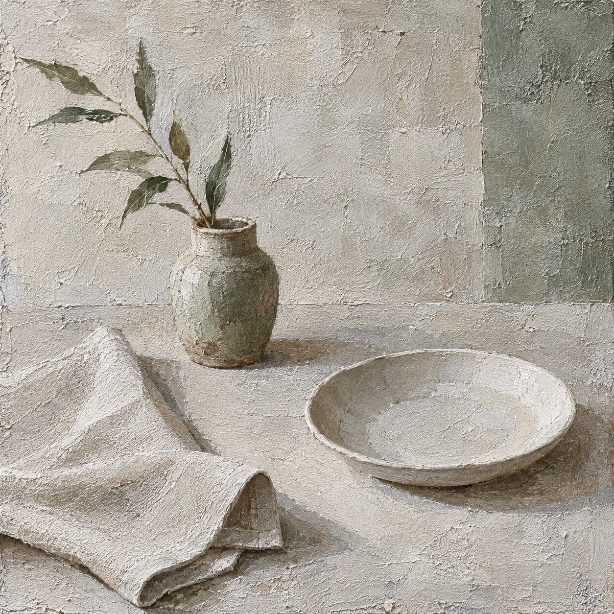 A folded linen napkin and a plate in stone, gray, cream, olive; square artwork.