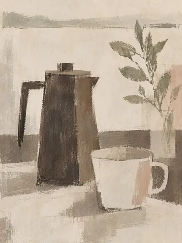 A coffee pot and a cup on a table in cream, stone, taupe, sand; portrait artwork.