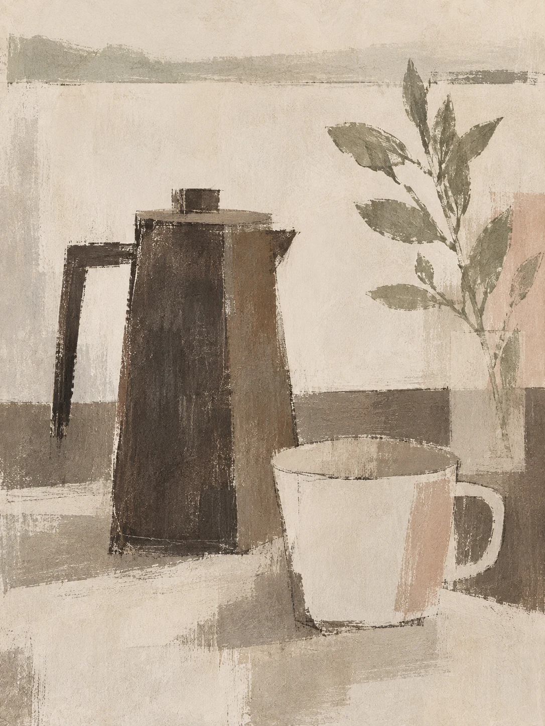 A coffee pot and a cup on a table in cream, stone, taupe, sand; portrait artwork.