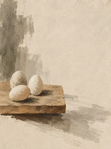Three eggs on a wooden board in cream, sage, sand, olive; portrait artwork.