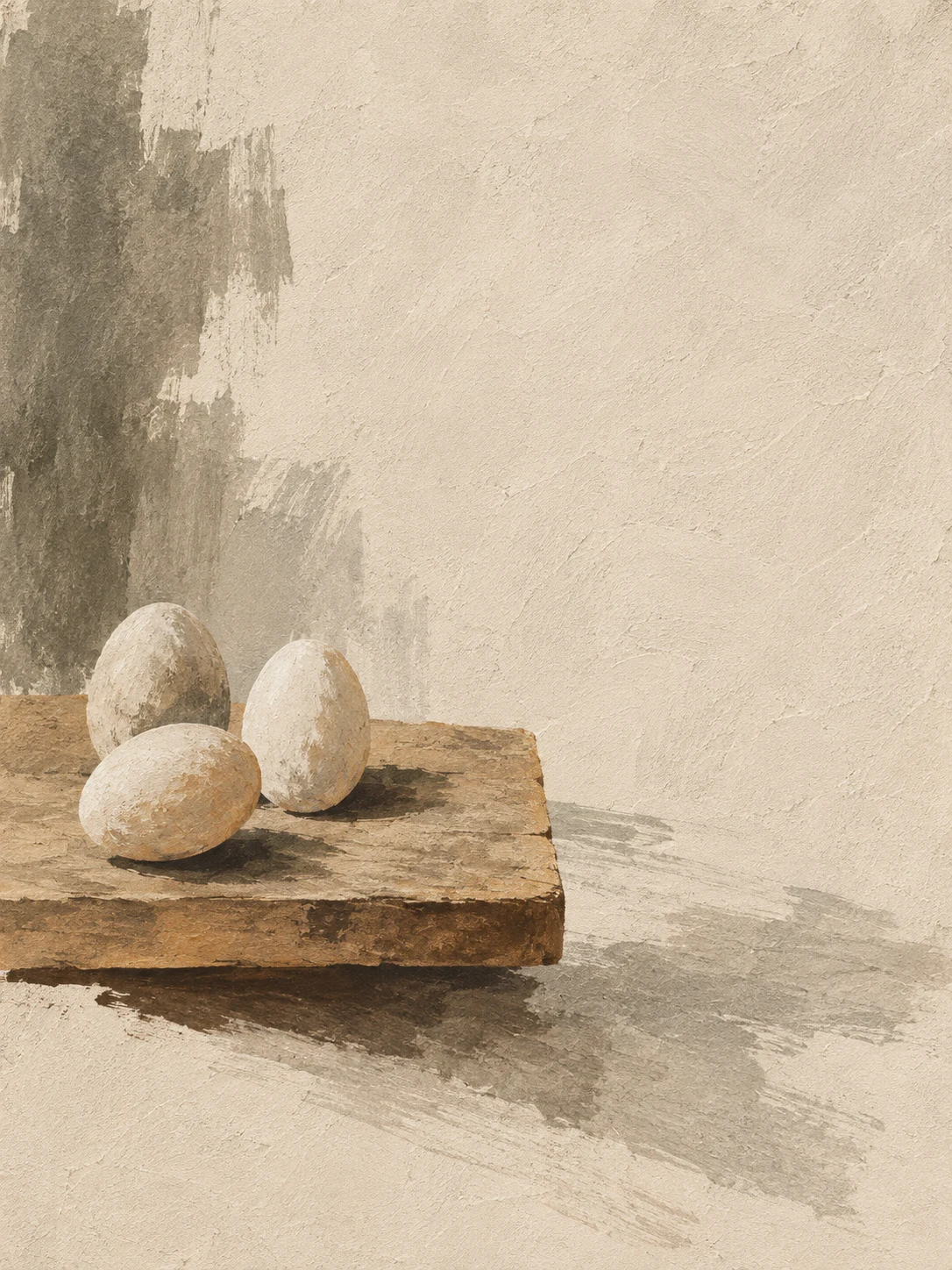 Three eggs on a wooden board in cream, sage, sand, olive; portrait artwork.