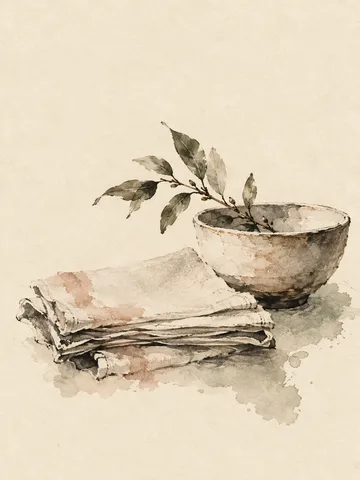 A stack of linen napkins and a bowl in cream, sage; portrait artwork.