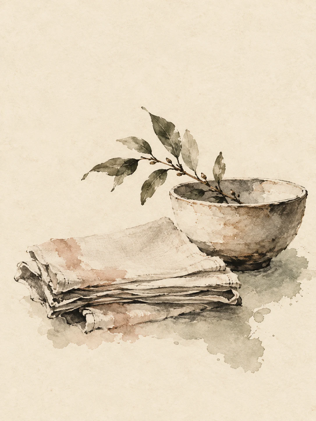 A stack of linen napkins and a bowl in cream, sage; portrait artwork.