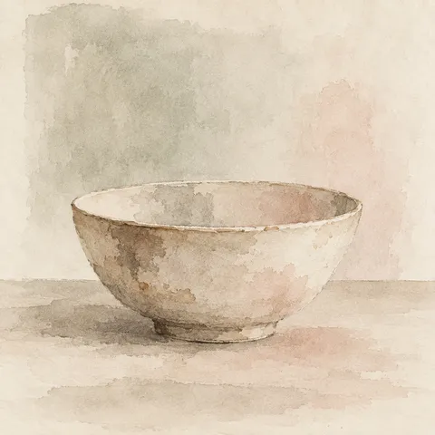 A single bowl on a plain table in cream, stone, sand; square artwork.