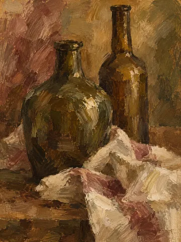 Two bottles and a folded cloth in brown, terracotta, ochre, burgundy; portrait artwork.