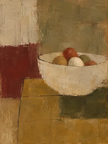 A bowl of eggs in olive, terracotta, sand, burgundy; portrait artwork.