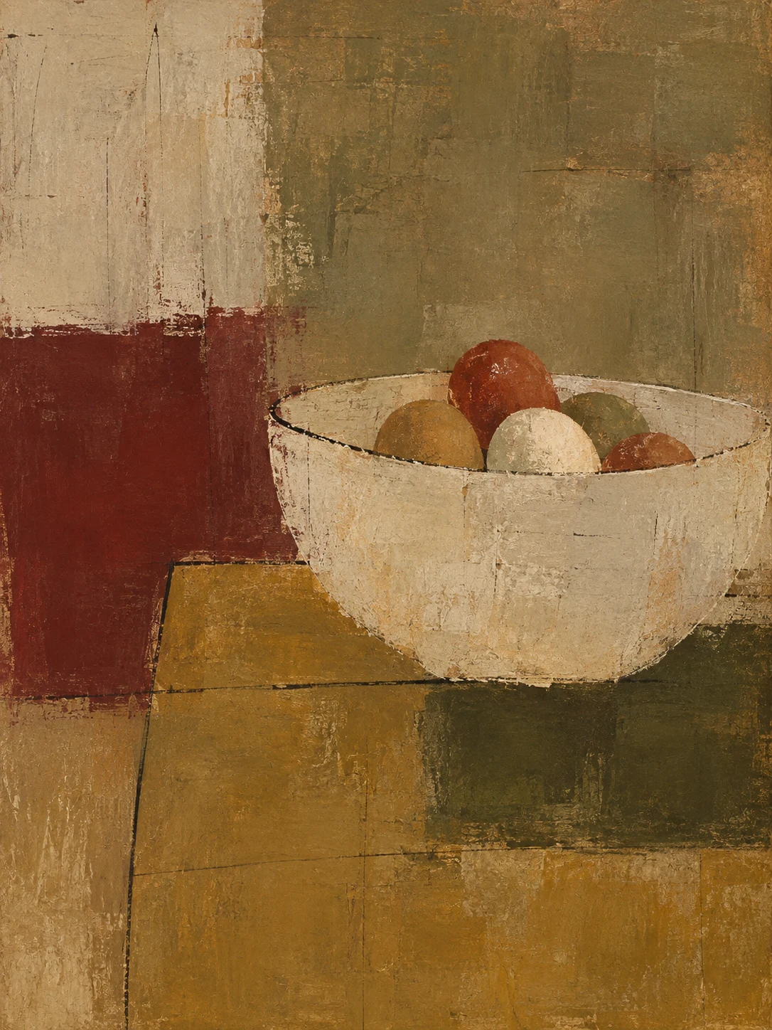 A bowl of eggs in olive, terracotta, sand, burgundy; portrait artwork.