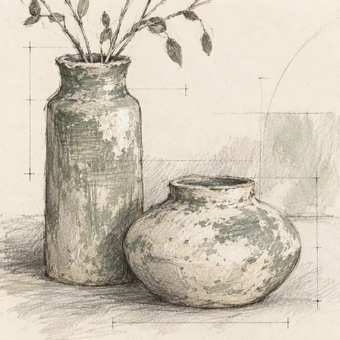 Two clay vessels, one tall one squat in cream, white, sand, stone; square artwork.