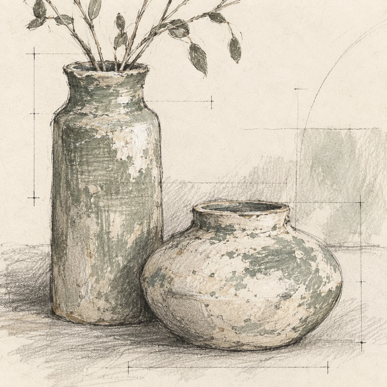 Two clay vessels, one tall one squat in cream, white, sand, stone; square artwork.