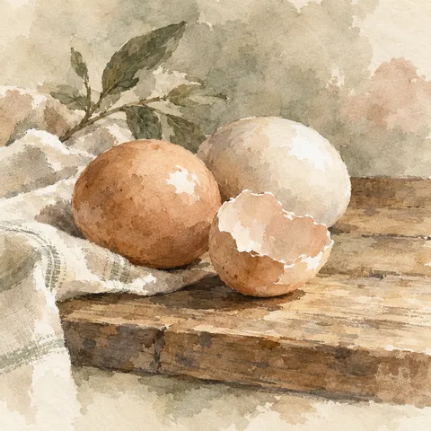 Three eggs on a wooden board in cream, stone, sand, taupe; square artwork.