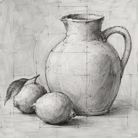 A stoneware jug and two lemons in cream, stone, gray, charcoal; square artwork.