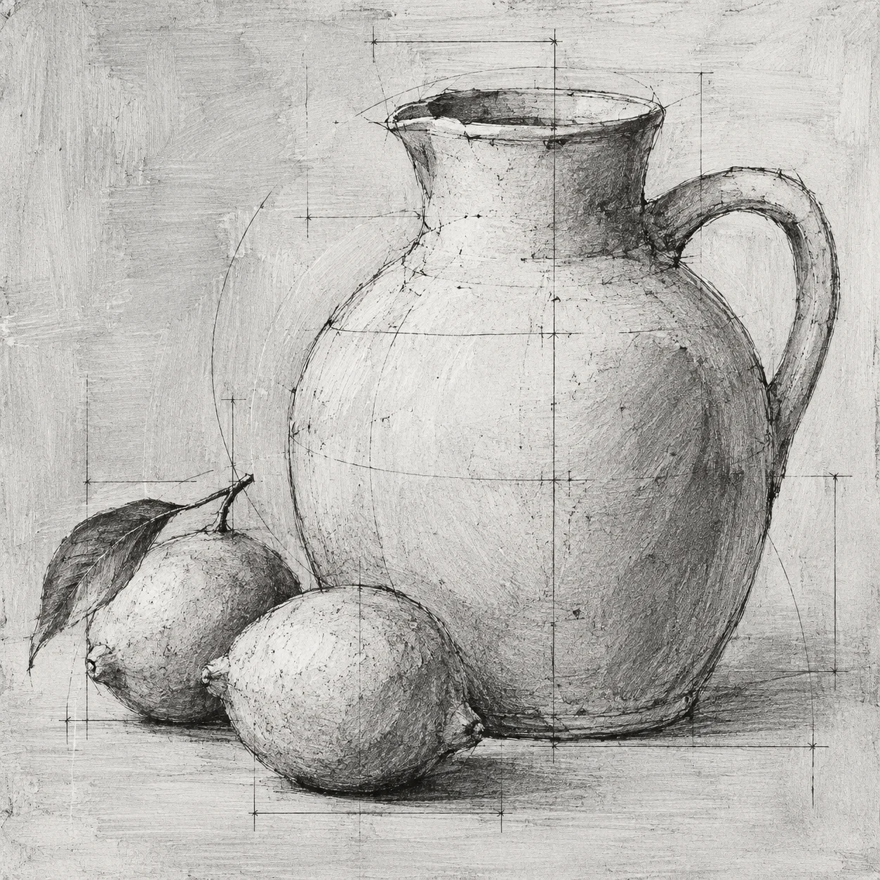 A stoneware jug and two lemons in cream, stone, gray, charcoal; square artwork.