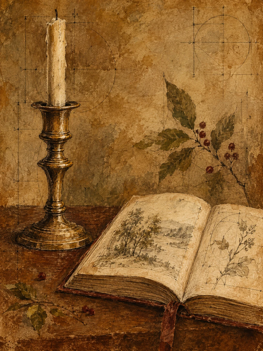 A candlestick and an open book in ochre, brown, rust, terracotta; portrait artwork.