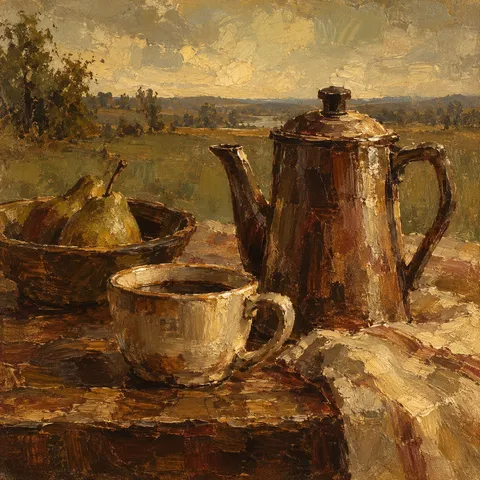 A coffee pot and a cup on a table in burgundy, ochre, olive, brown; square artwork.