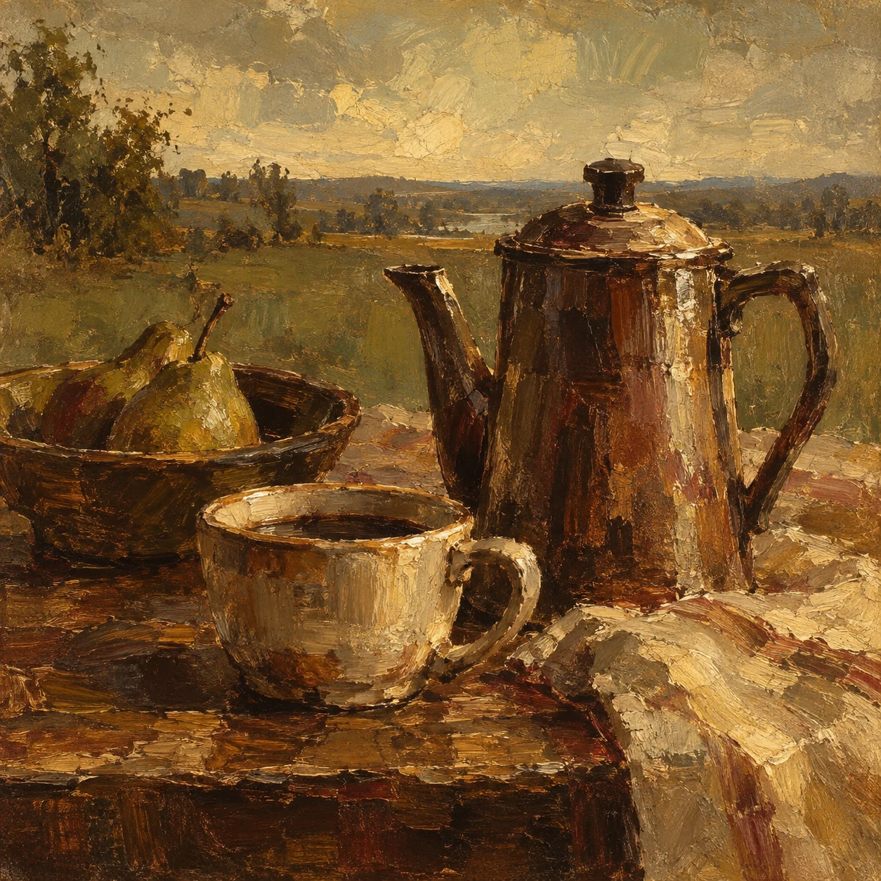 A coffee pot and a cup on a table in burgundy, ochre, olive, brown; square artwork.