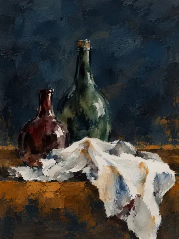 Two bottles and a folded cloth in black, navy, stone, charcoal; portrait artwork.