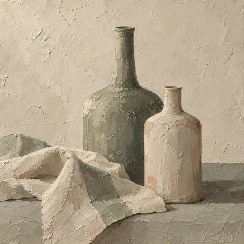 Two bottles and a folded cloth in stone, gray, cream, taupe; square artwork.