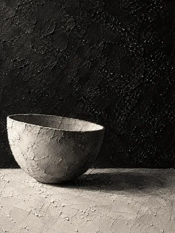 A single bowl on a plain table in black, cream, sand, charcoal; portrait artwork.