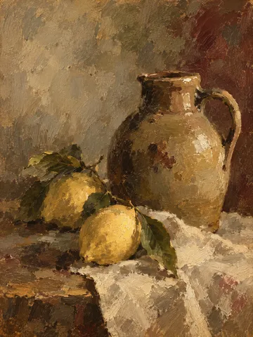 A stoneware jug and two lemons in ochre, burgundy, olive, brown; portrait artwork.