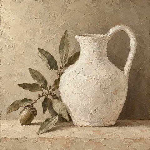 A single white jug against a shadowed wall in sand, taupe, stone, brown; square artwork.