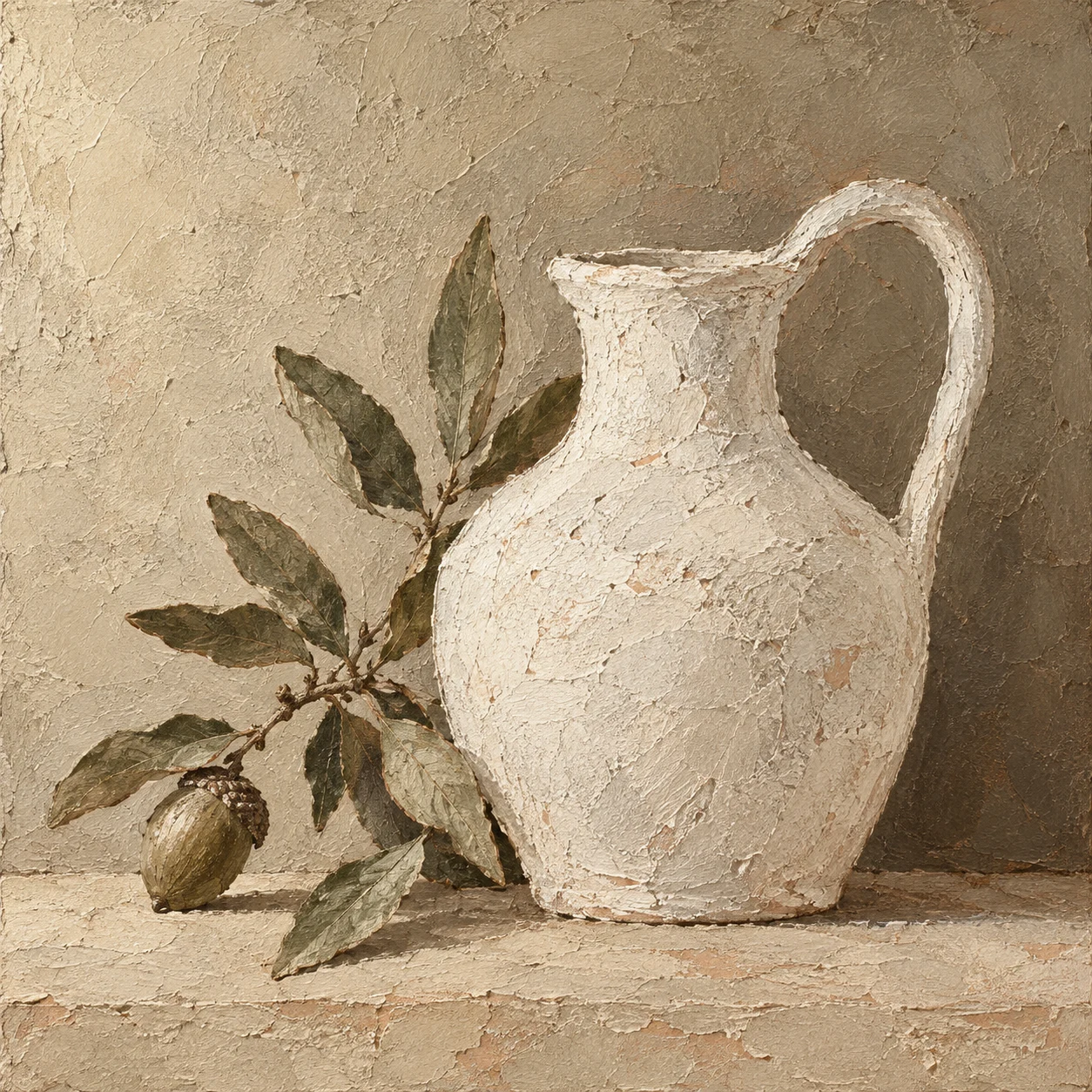 A single white jug against a shadowed wall in sand, taupe, stone, brown; square artwork.