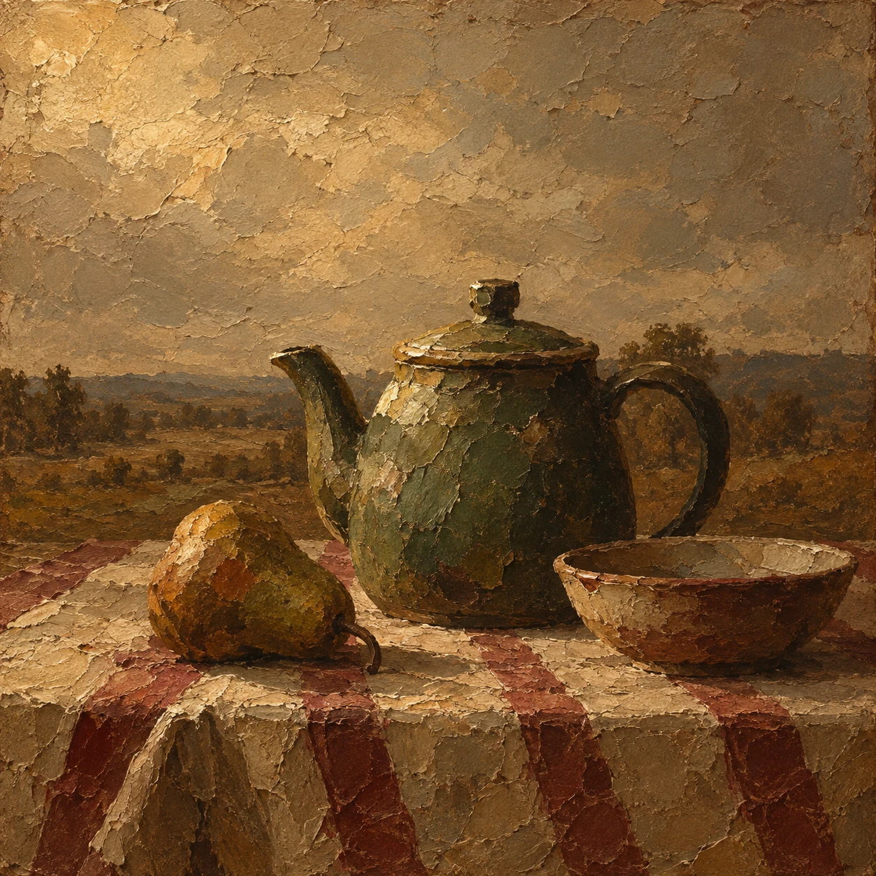 A teapot on a striped cloth in brown, ochre, burgundy, olive; square artwork.