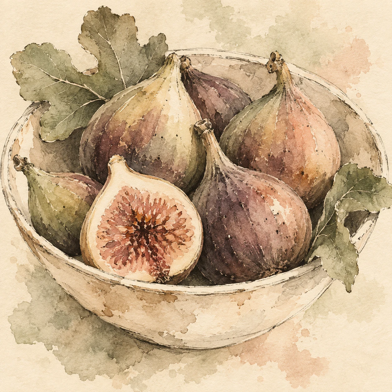 A bowl of figs in cream, sand, taupe, stone; square artwork.
