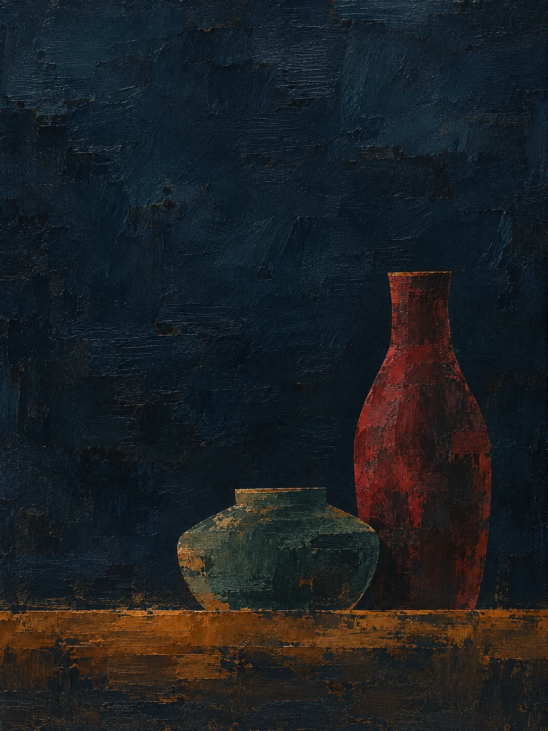 Two clay vessels, one tall one squat in black, charcoal; portrait artwork.