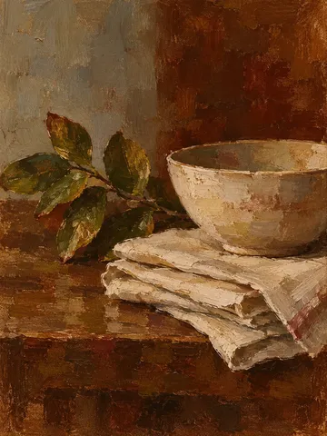 A stack of linen napkins and a bowl in burgundy, taupe, black, sand; portrait artwork.