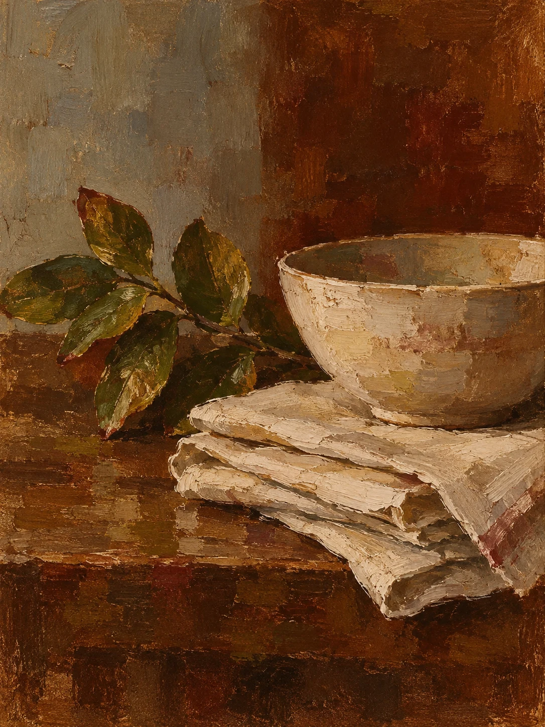 A stack of linen napkins and a bowl in burgundy, taupe, black, sand; portrait artwork.