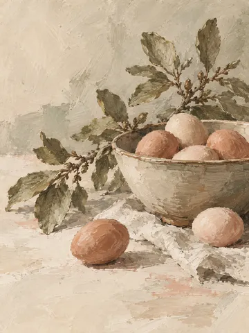 A bowl of eggs in cream, stone, sand, taupe; portrait artwork.