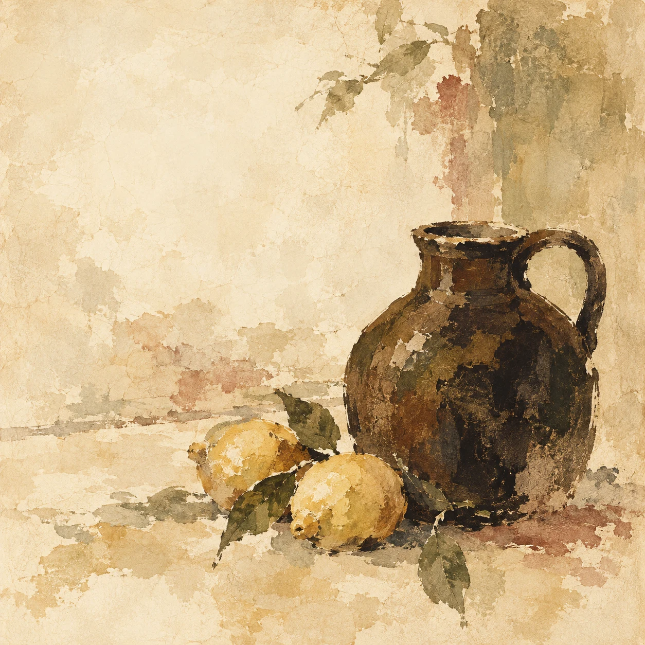 A stoneware jug and two lemons in cream, stone, sand, brown; square artwork.
