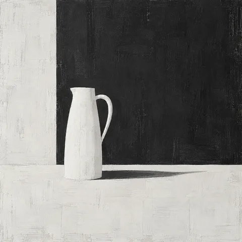 A single white jug against a shadowed wall in cream, black; square artwork.