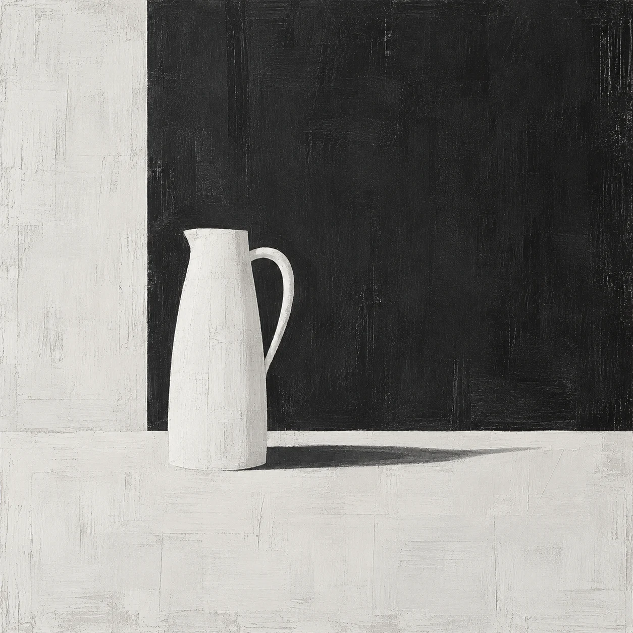 A single white jug against a shadowed wall in cream, black; square artwork.