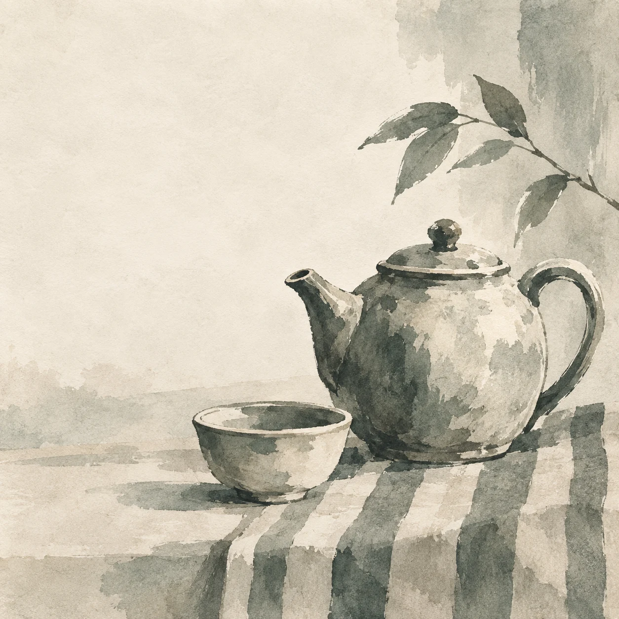 A teapot on a striped cloth in cream, gray, stone, white; square artwork.