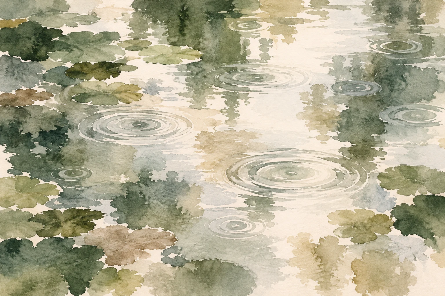 Rain rings on a still pond in cream, white, sage, taupe; landscape artwork.