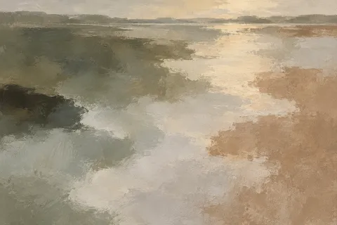 A river surface catching evening light in sage, stone, sand, brown; landscape artwork.