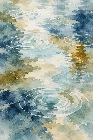 Rain rings on a still pond in cream, sky blue, taupe, gray; portrait artwork.