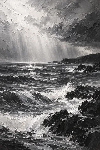 A rain shower veil over the sea in charcoal, gray, stone, black; portrait artwork.