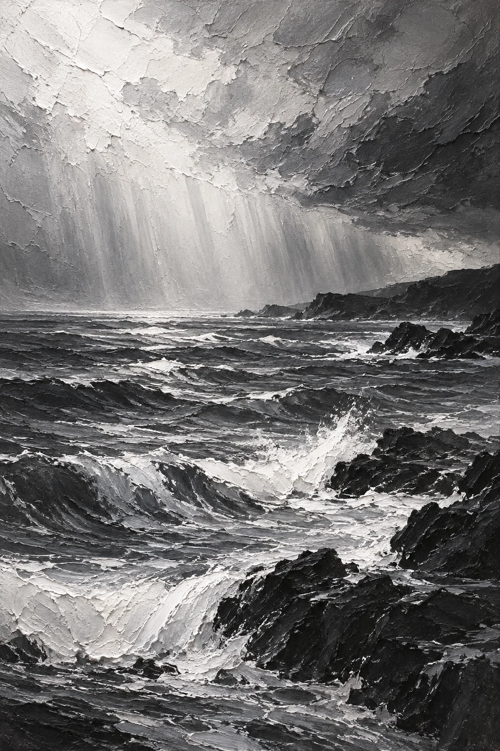 A rain shower veil over the sea in charcoal, gray, stone, black; portrait artwork.